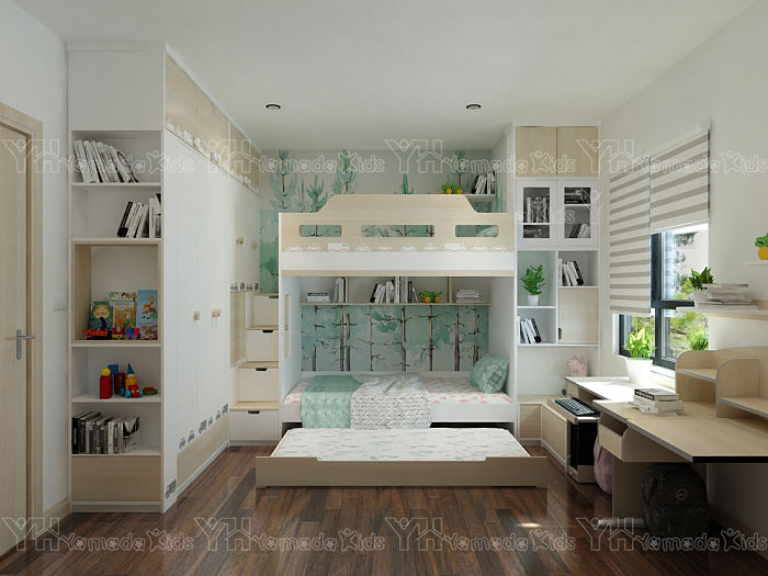 Thiết kế phòng ngủ giường tầng màu vân gỗ