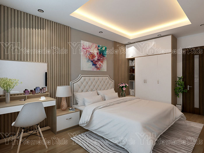 Thiết kế nội thất phòng ngủ với gam màu trắng tinh khôi