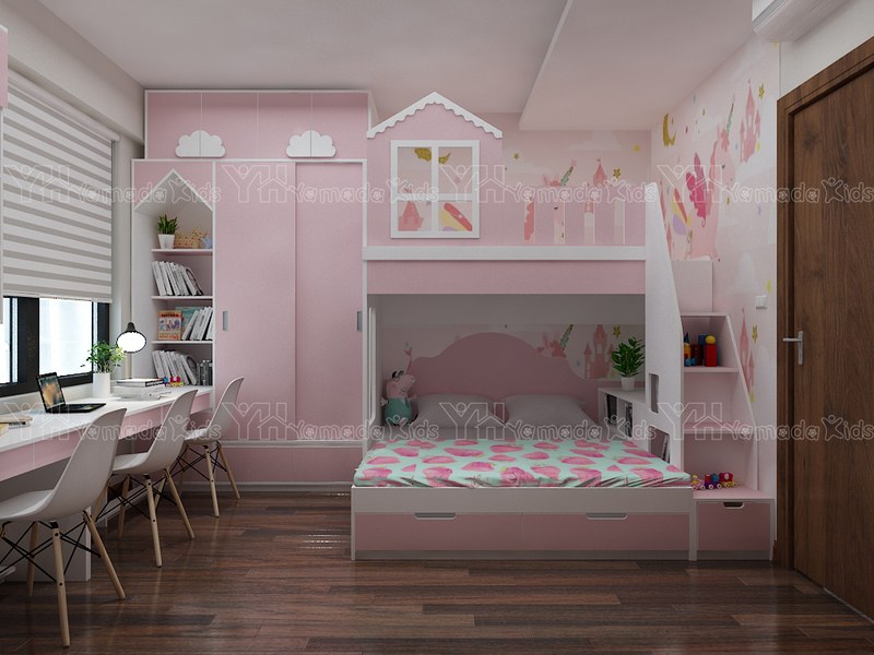 Phòng ngủ màu hồng cho 2 bé gái