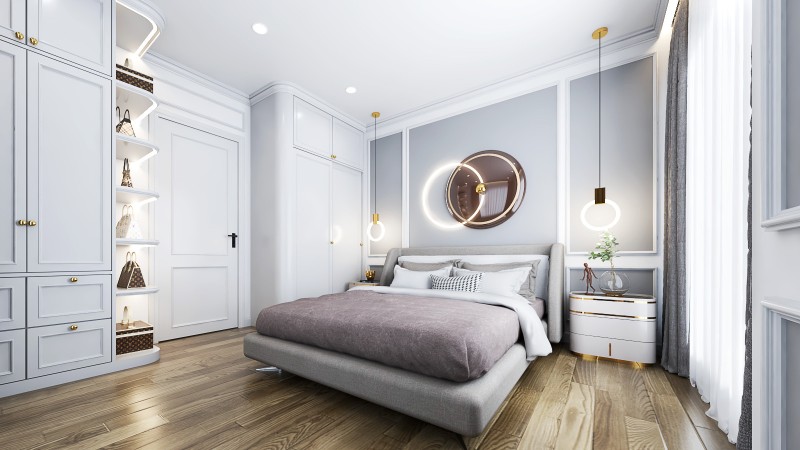 thiết kế phòng ngủ master gam màu sáng thanh lịch
