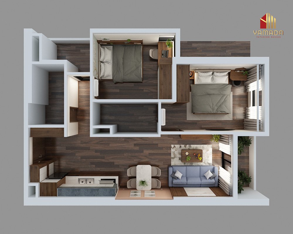 thi công căn hộ 70m2 02 phòng ngủ